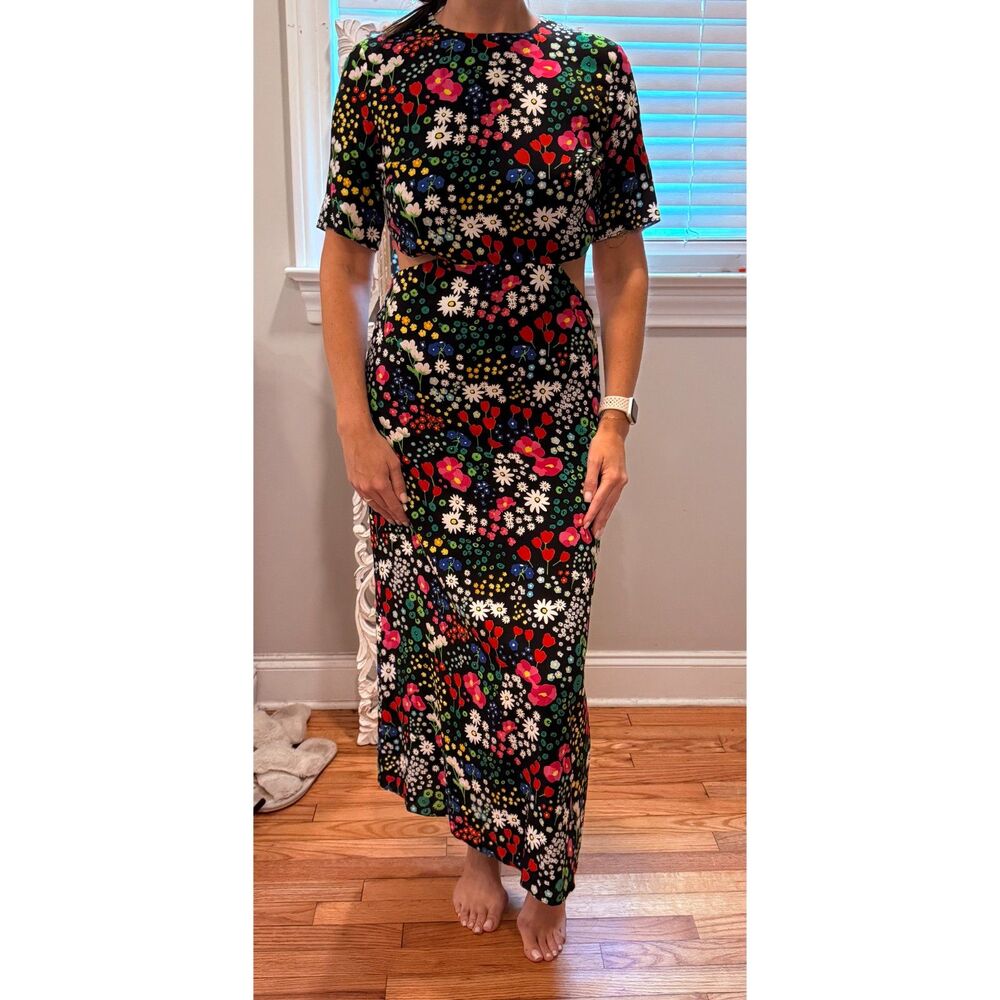 NWT The Kooples Joyful Flowers Midi Dress In Black Side Cut Outs Size 8
